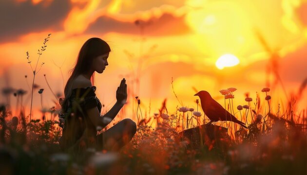 Woman praying and free bird enjoying nature on sunset background, hope concept Human hands open palm up worship. Eucharist Therapy Bless God Helping Repent Catholic Easter Lent Mind Pray. Christian 