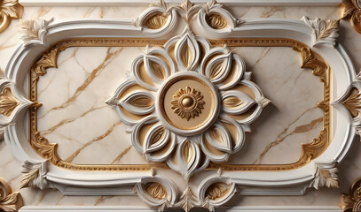 mandala. Luxury beige marble wall with golden ornaments close up