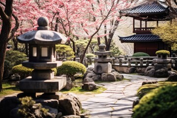 Serene Japanese garden, cherry blossoms over stone path