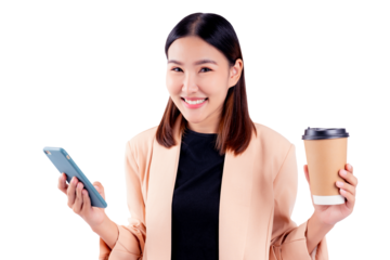 Smiling businesswoman holding a disposable coffee cup and using a smartphone against a white background and copy space Young office woman looks at camera, studio shot

