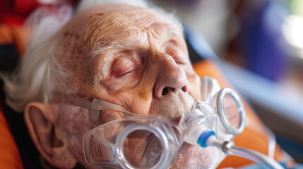 Elderly man with oxygen mask in a hospital setting.