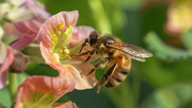 Closeup of a bee pollinating a flower a vital task for the health and reproduction of many plant species. Environmental conservation efforts include preserving natural habitats for .