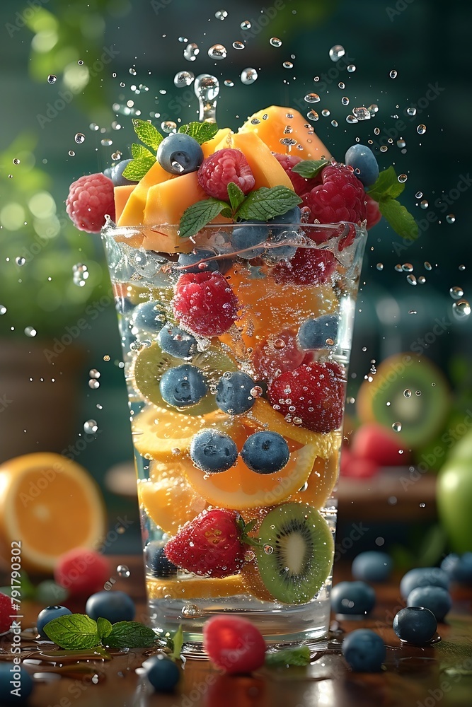 Aufkleber generative ai : spring or summer refreshing cold cocktail or mocktail with berries and lemon, raspbe