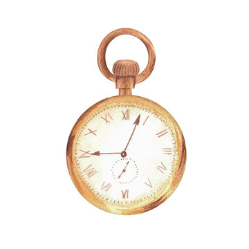 recommend clip art: Monochrome antique pocket watch in ochre color. Retro pocket watch. Old-fashioned watch. Hand-drawn watercolor illustration. For postcards, stickers, covers, labels.