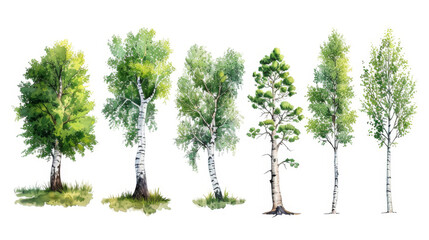 Obraz premium Collection of birch trees in various stages of growth, illustrated in watercolor on a white background.