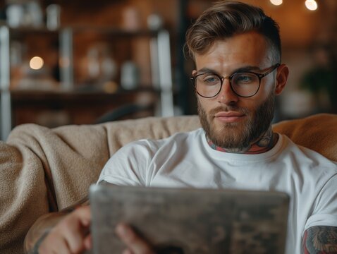 A man with glasses is sitting on a couch and looking at a tablet. He has tattoos on his arm and is wearing a white shirt
