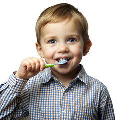 Smiling toddler boy brushing teeth with toothbrush