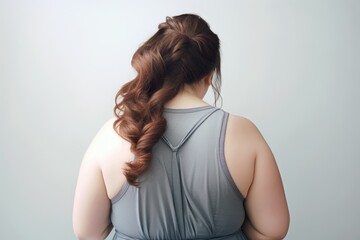 Obraz premium Rear view of a woman showing natural folds of fat on her back, wearing a sleeveless top, set against a plain, light background to highlight body positivity and realistic beauty standard