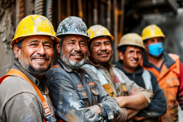 Group of Five Cheerful Construction Workers in Safety Gear Posing at a Worksite