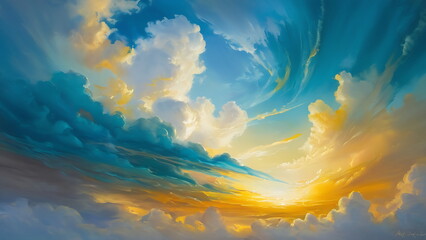 Abstract cloud oil Painting, Impressionism, Psychedelic Colors in blue and gold