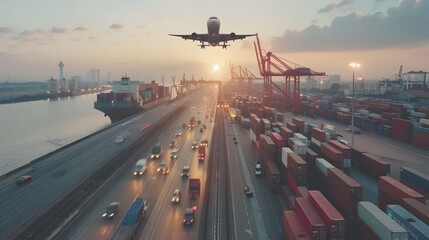 Bustling Maritime Port with Cargo Planes and Highways at Sunset