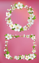 Floral frames, spring flowers on pink background. Realistick vector illustration