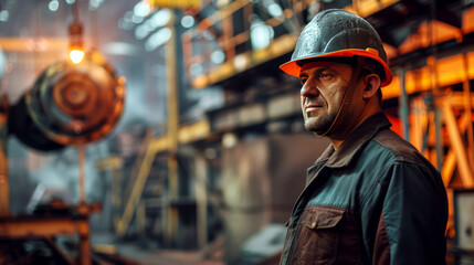 Confident metallurgist with hardhat in industrial environment, focus and expertise evident