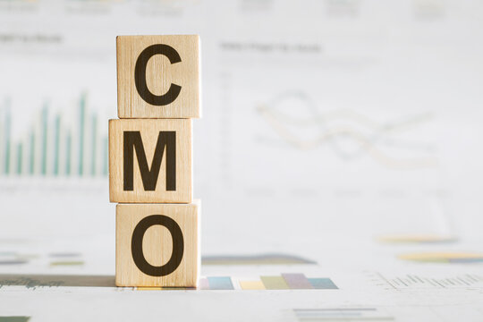 CMO - Chief Marketing Officer - acronym on wooden cubes on columns of numbers background. CMO, acronym on wooden cubes. Background - document with numbers, business concept.