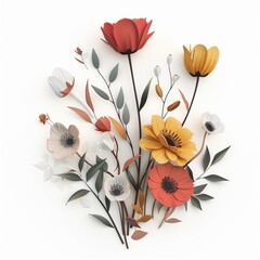 A composition of 3D flowers on an isolated white background