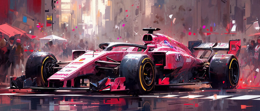 a painting of a racing car on a city street with people walking around it and confetti falling from the sky