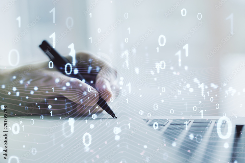 Poster creative abstract binary code hologram and hand writing in diary on background with laptop, ai and m