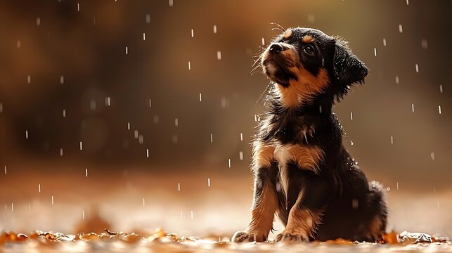 Generative AI : Little lovely brown puppy in garden during rain