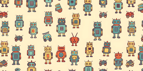 seamless pattern of childlike colorful robots