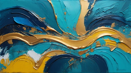 Abstract oil Painting, Impressionism, Psychedelic Art, Colorful Artwork in blue and gold - obrazy, fototapety, plakaty