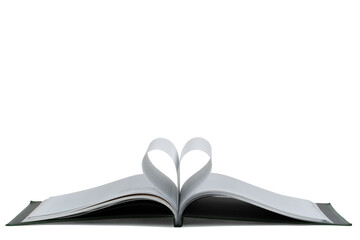Open hardback book, page decorate into a heart shape on a white background, for love in...