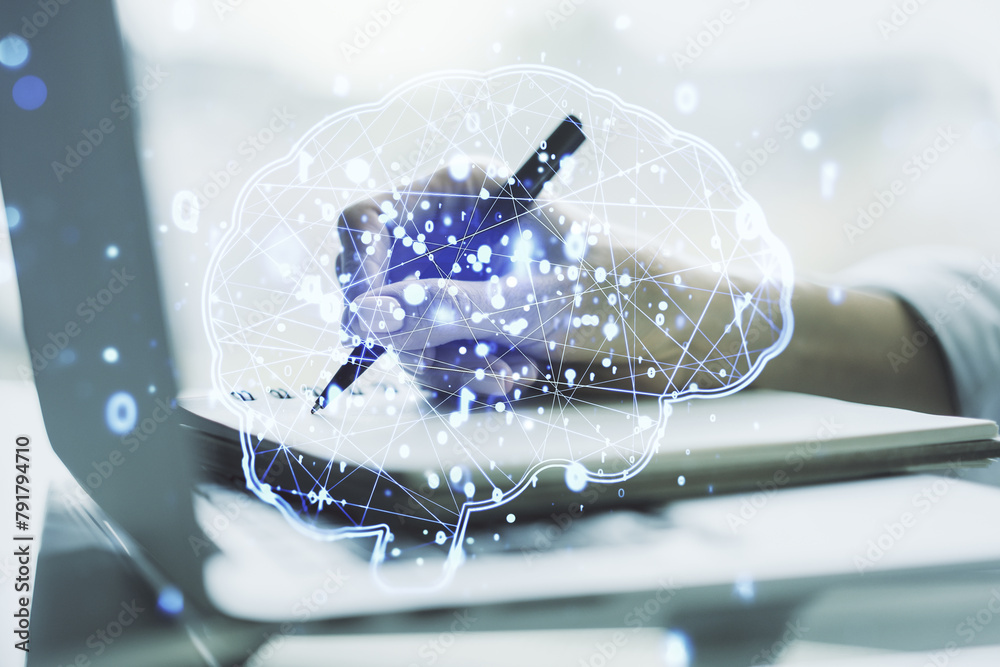 Leinwandbilder double exposure of creative artificial intelligence symbol with hand writing in notebook on backgrou
