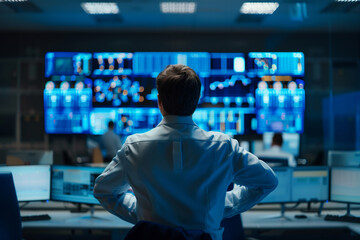 professional composition showcasing the senior supervisor's vigilant monitoring of the operator system in the control room, against a blue background evoking a sense of trust and s - obrazy, fototapety, plakaty