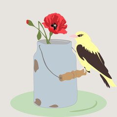 Webvector graphic drawing, print for photo wallpaper, fabric, children's book illustration, postcard, beautiful illustration, yellow, black Oriole bird, beautiful flower in a can, vase,