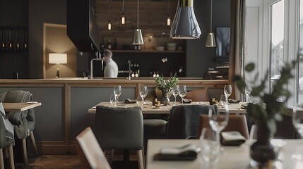 Generative AI : Interior of cozy restaurant. Contemporary design in loft style, modern dining place - obrazy, fototapety, plakaty