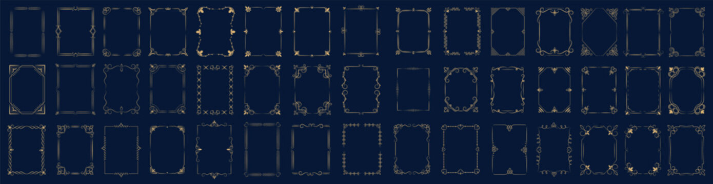 Set of gold vintage frame and corners icon. Vector illustration.