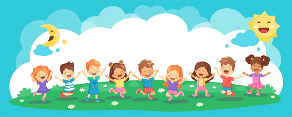 Happy kids playing male and female on playground vector template