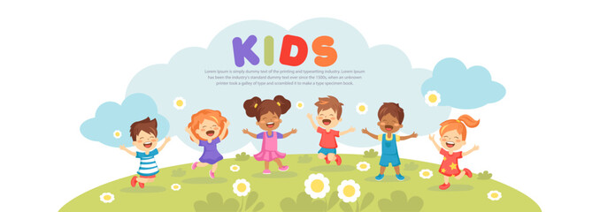 Happy kids playing male and female on playground vector template