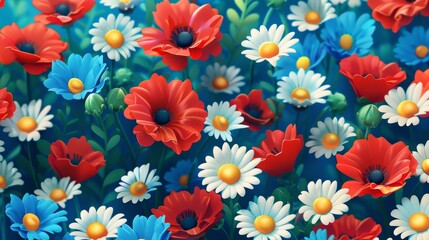 An illustration of chamomile flowers, cornflowers, and poppies in a seamless pattern.