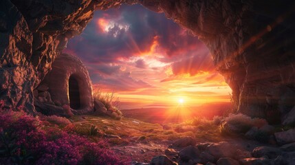 Empty Tomb With Crucifixion At Sunrise - Resurrection Concept. Resurrection - Light In Tomb Empty...