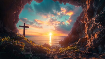 Empty Tomb With Crucifixion At Sunrise - Resurrection Concept. Resurrection - Light In Tomb Empty With Crucifixion At Sunrise, easter , jesus , christian ,background