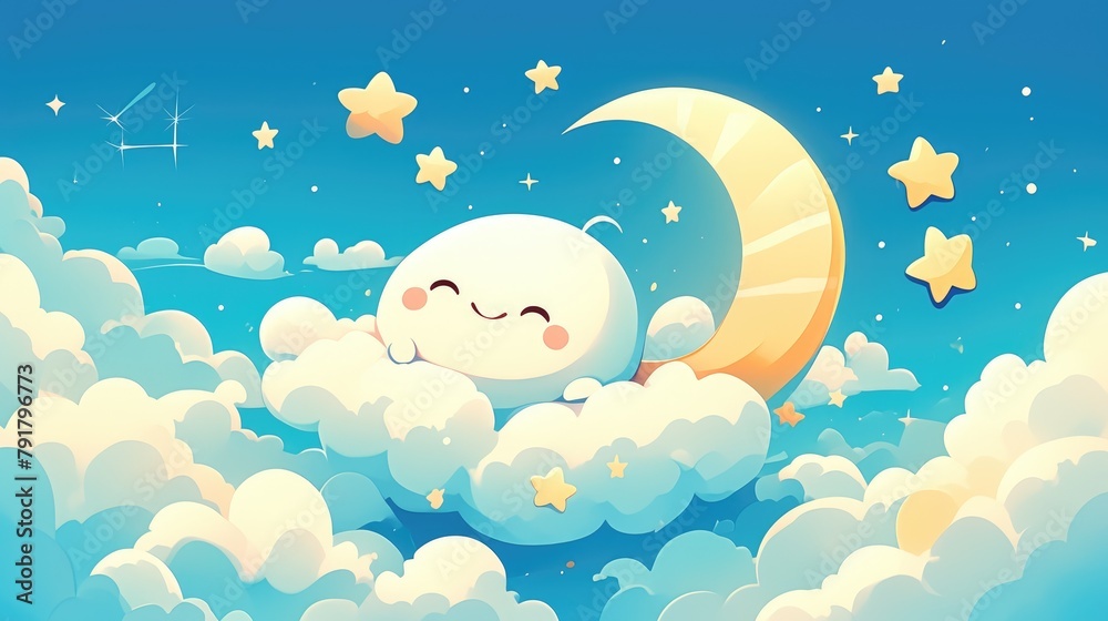 Canvas Prints 2d illustration featuring an adorable cloud star and moon