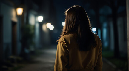 Back view Silhouette of a young woman walking home alone at night , scared of stalker and being assaulted , insecurity concept, bokeh - obrazy, fototapety, plakaty