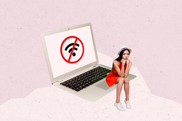 Sketch image trend artwork photo collage of young sad bad mood lady sit on huge laptop lose connection wireless internet wifi disconnect