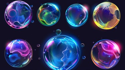 The stages of developing bursting soap bubbles, a realistic set of transparent air spheres of rainbow colors with reflections and highlights that deform and explode when blown by the wind, a modern