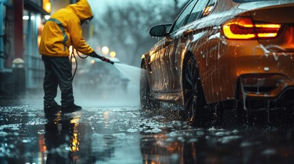 Man washing his car with water spray from high pressure washer. Car wash self-service