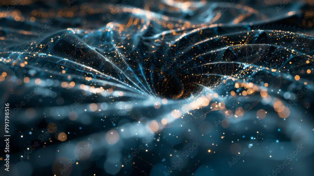 Poster a computer generated image of a wave with a lot of dots. the image has a futuristic and abstract fee