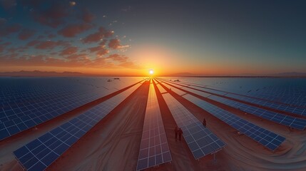 Renewable Energy Concept: Solar Panels at Sunset in a Large Solar Power Plant