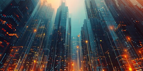 Real estate investing and trading concept on business skyscrapers with graph data and digital stock market