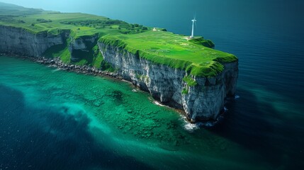 Idyllic Coastal View Featuring a Lighthouse on a Grassy Cliff Above Turquoise Waters