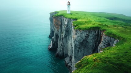 Picturesque Lighthouse on the Edge of a High Cliff Overlooking the Ocean