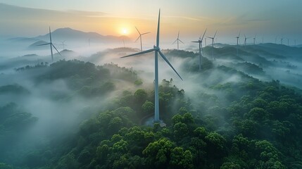 Eco-Friendly Energy Production: Wind Turbines Among Foggy Hills at Dawn"