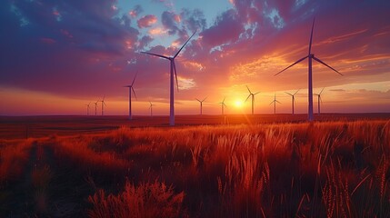Contemplative Figure Standing Amidst Wind Turbines as the Sun Sets with Dramatic Clouds