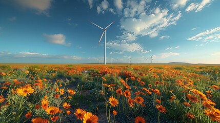 Eco-Friendly Wind Energy Harvesting Amongst Blooming Flowers in a Sunny Field