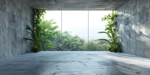 A large concrete room with a huge window and greenery behind it