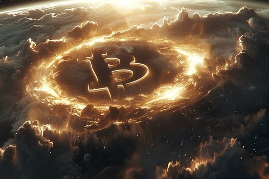 A cosmic event where planets align in the shape of the Bitcoin symbol, illustrating the universal impact of cryptocurrency on finance